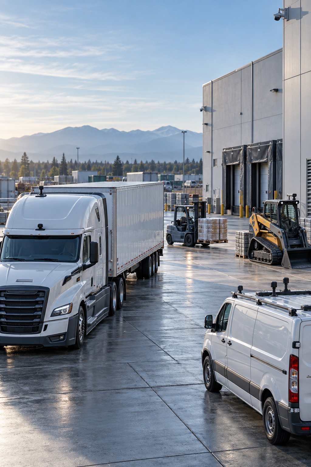 Commercial truck, service van, trailer, forklift, and heavy equipment at a connected logistics facility